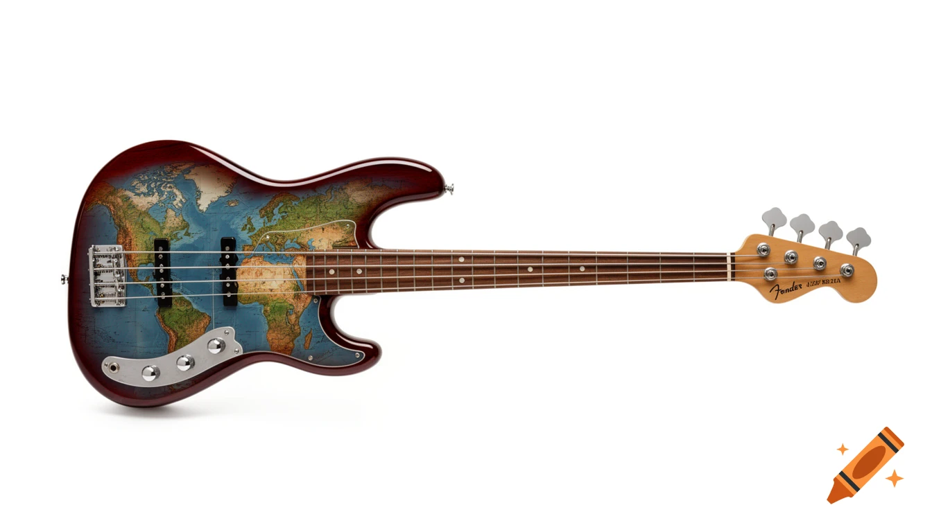 Photorealistic bass guitar with a world map design on its body, positioned horizontally on a white background.