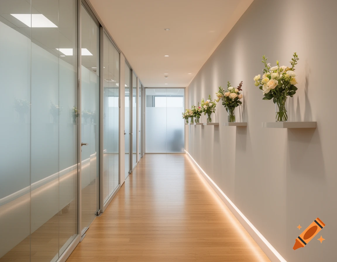 Modern office hallway with glass-walled rooms, light wooden floor, and a wall decorated with multiple vases of flowers on shelves, illuminated by LED strip lighting.