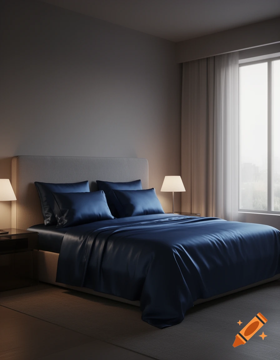 A modern bedroom with a dark blue satin bedspread, two bedside lamps, and a large window.