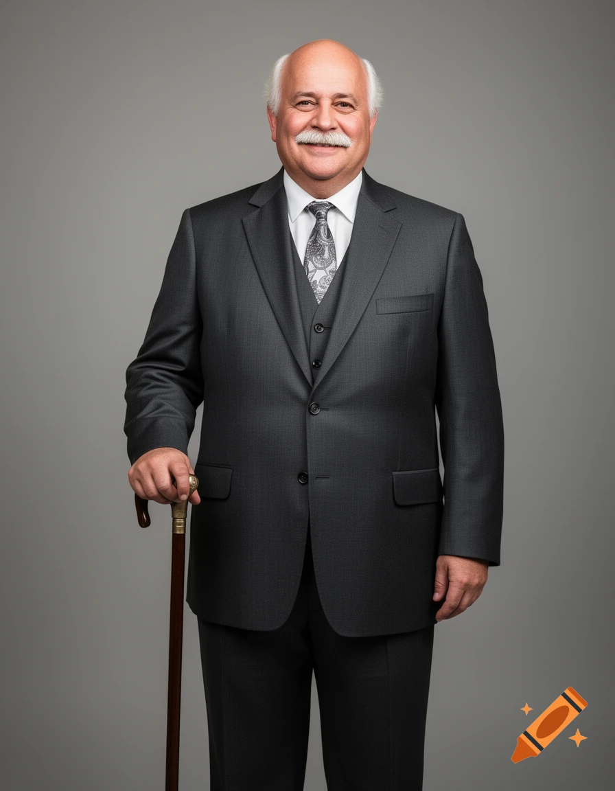 Photorealistic studio portrait of a smiling older man with a white mustache and hair, wearing a dark gray suit and holding a cane.