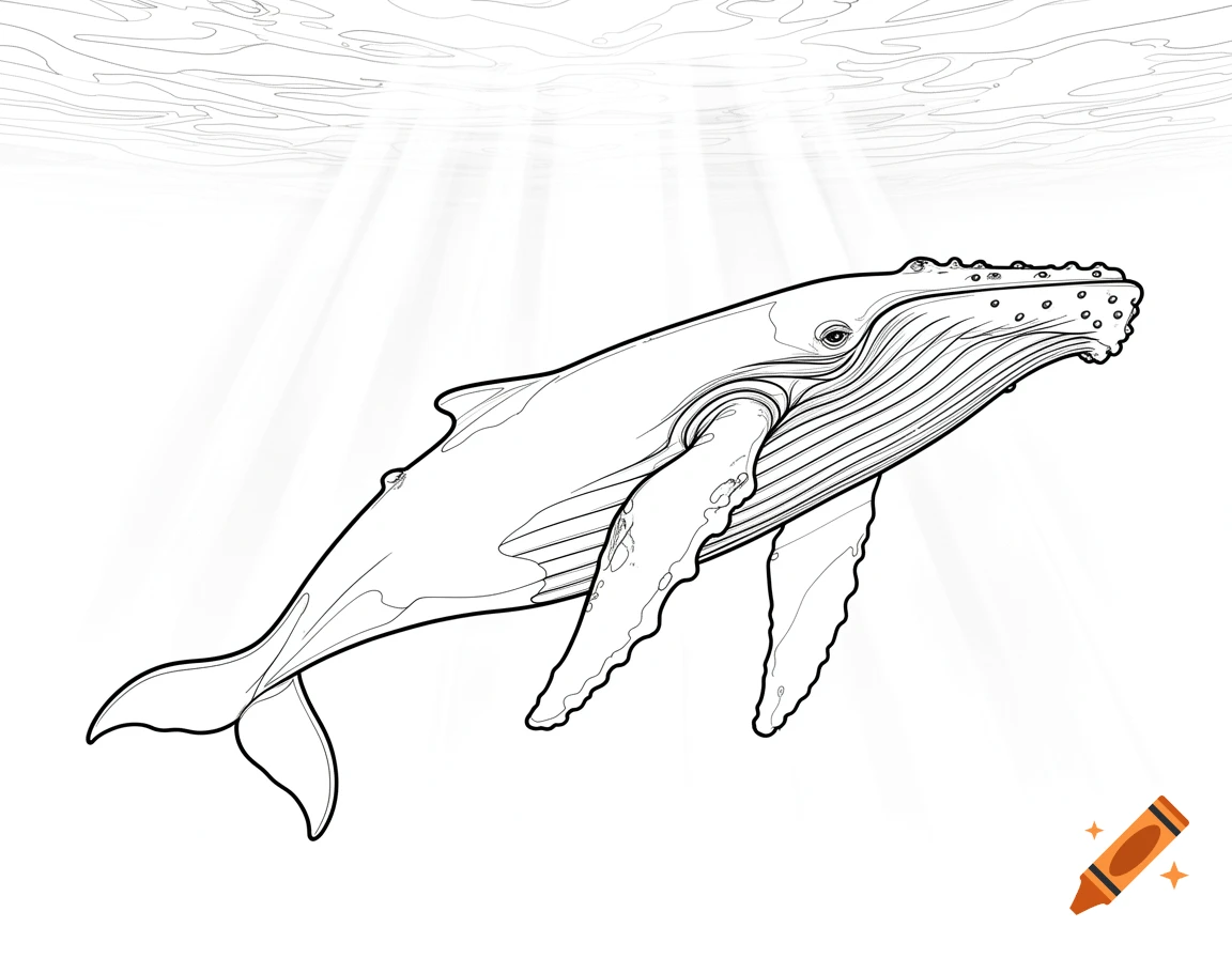 Black and white line art of a humpback whale swimming underwater with light rays from the surface.