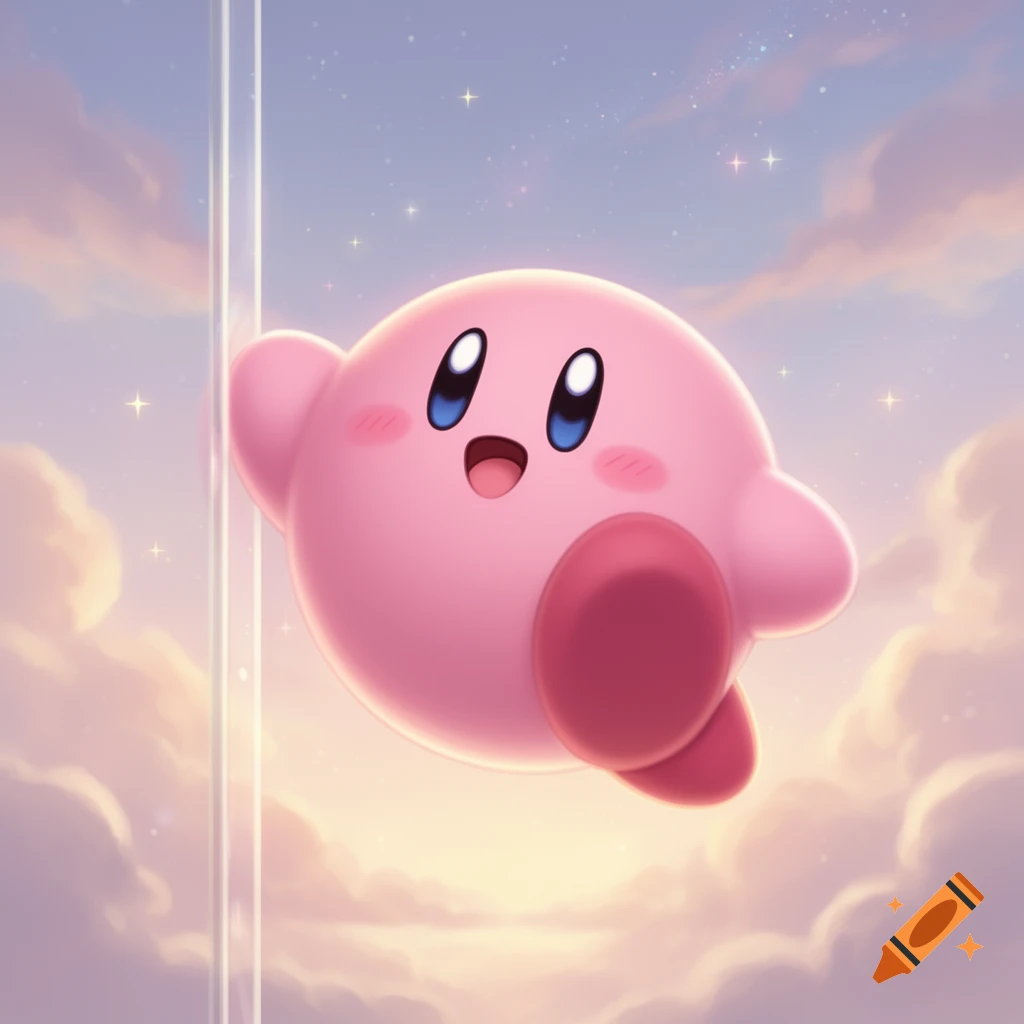 Pink Kirby character cheerfully pressed against a transparent surface in a whimsical sky with clouds and stars.