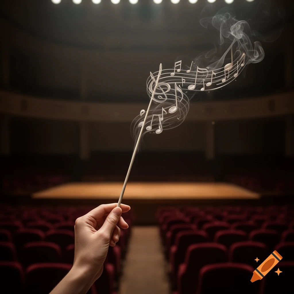A hand holds a conductor's baton from which musical notes form in smoke, set against an empty auditorium.