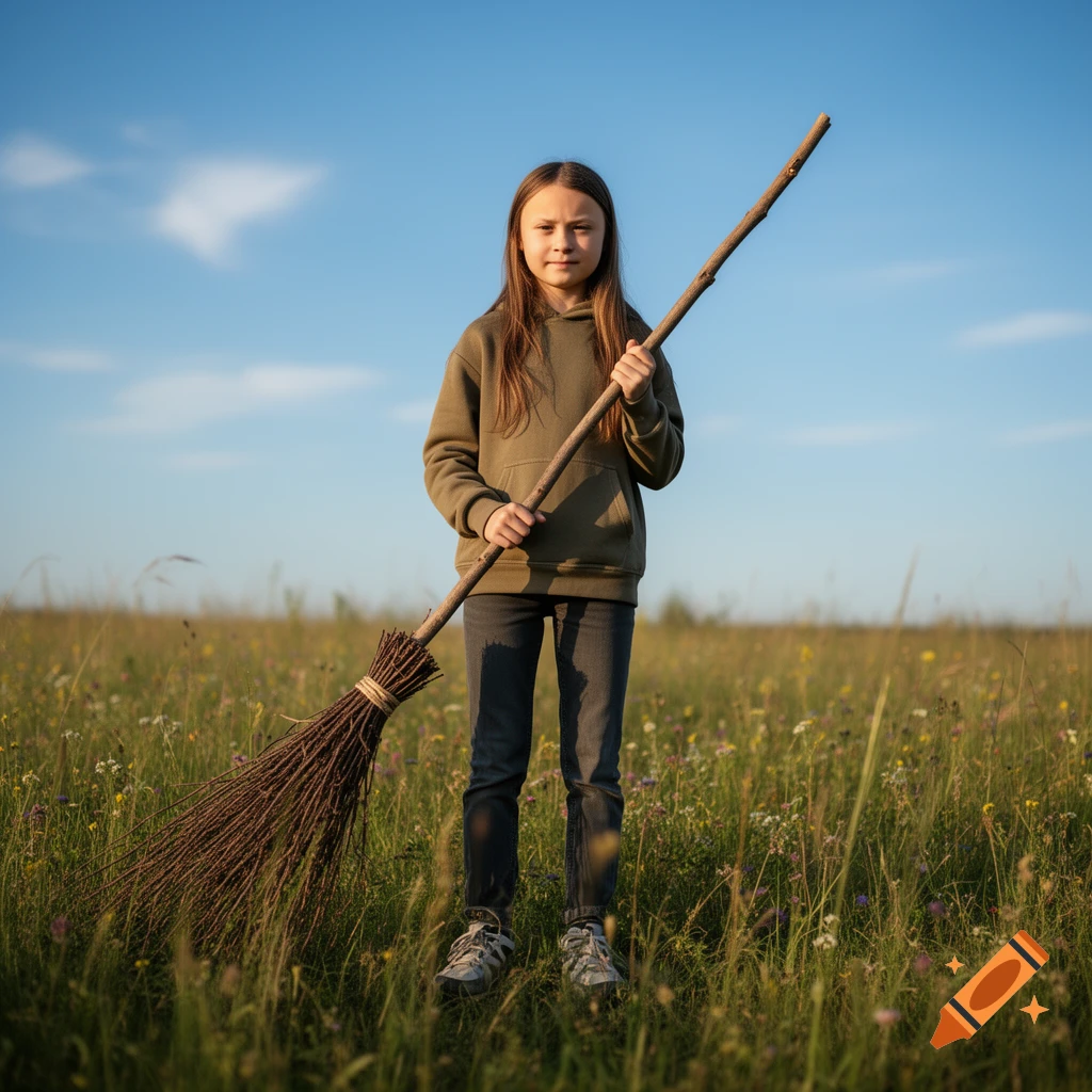 A young girl with long brown hair, wearing a green hoodie and jeans, stands in a grassy field, holding a large stick broom under a blue sky.