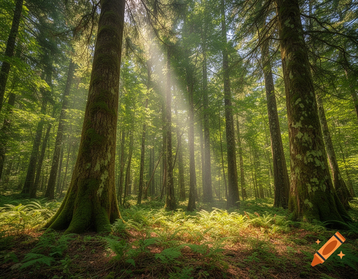 Sunlight filters through tall trees in a lush, green forest with ferns on the ground.