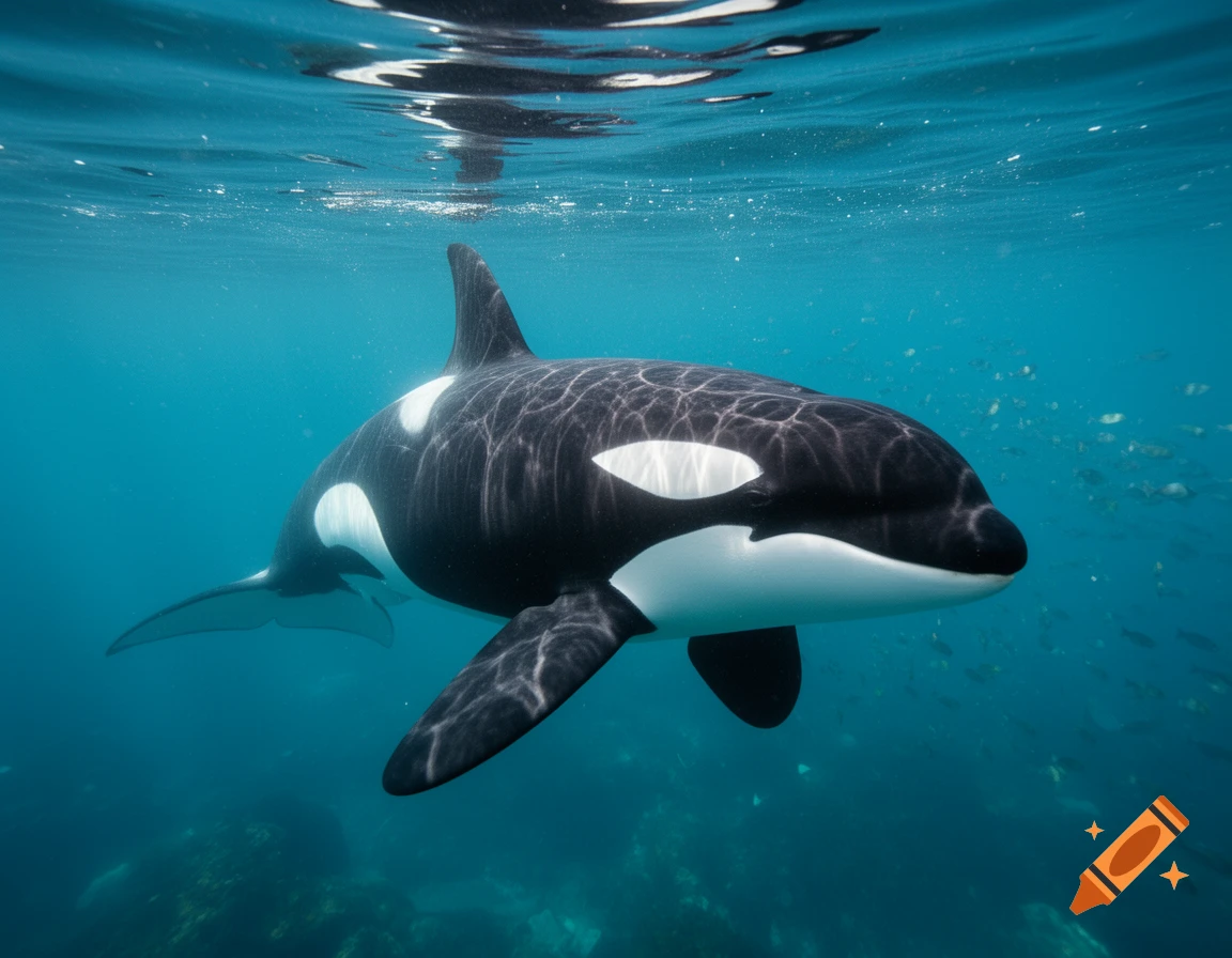 A photorealistic image of a majestic orca swimming underwater in clear blue water, with smaller fish in the background.