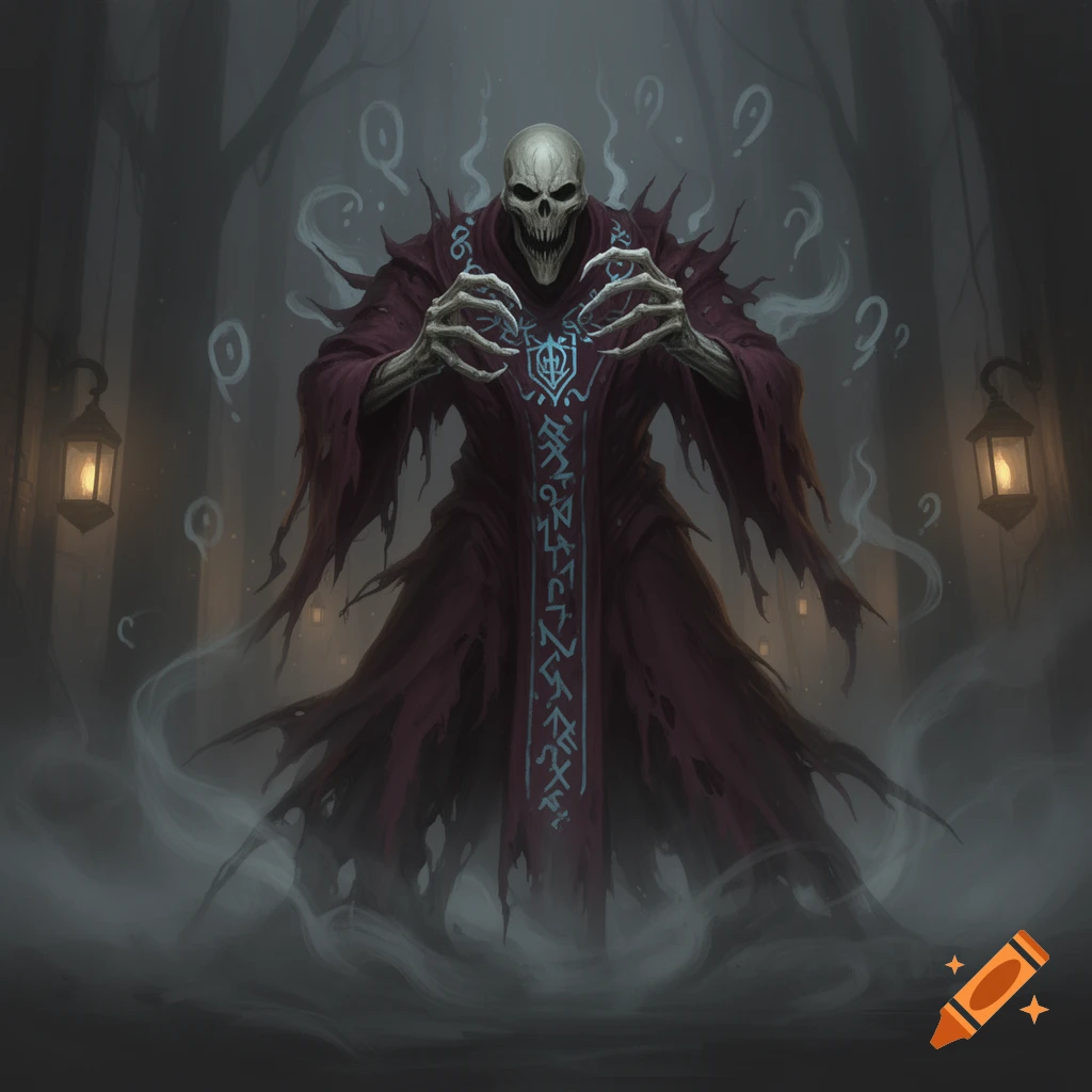 A skeletal figure in a tattered red robe with glowing blue runes stands menacingly in a foggy, dark forest, flanked by lanterns.