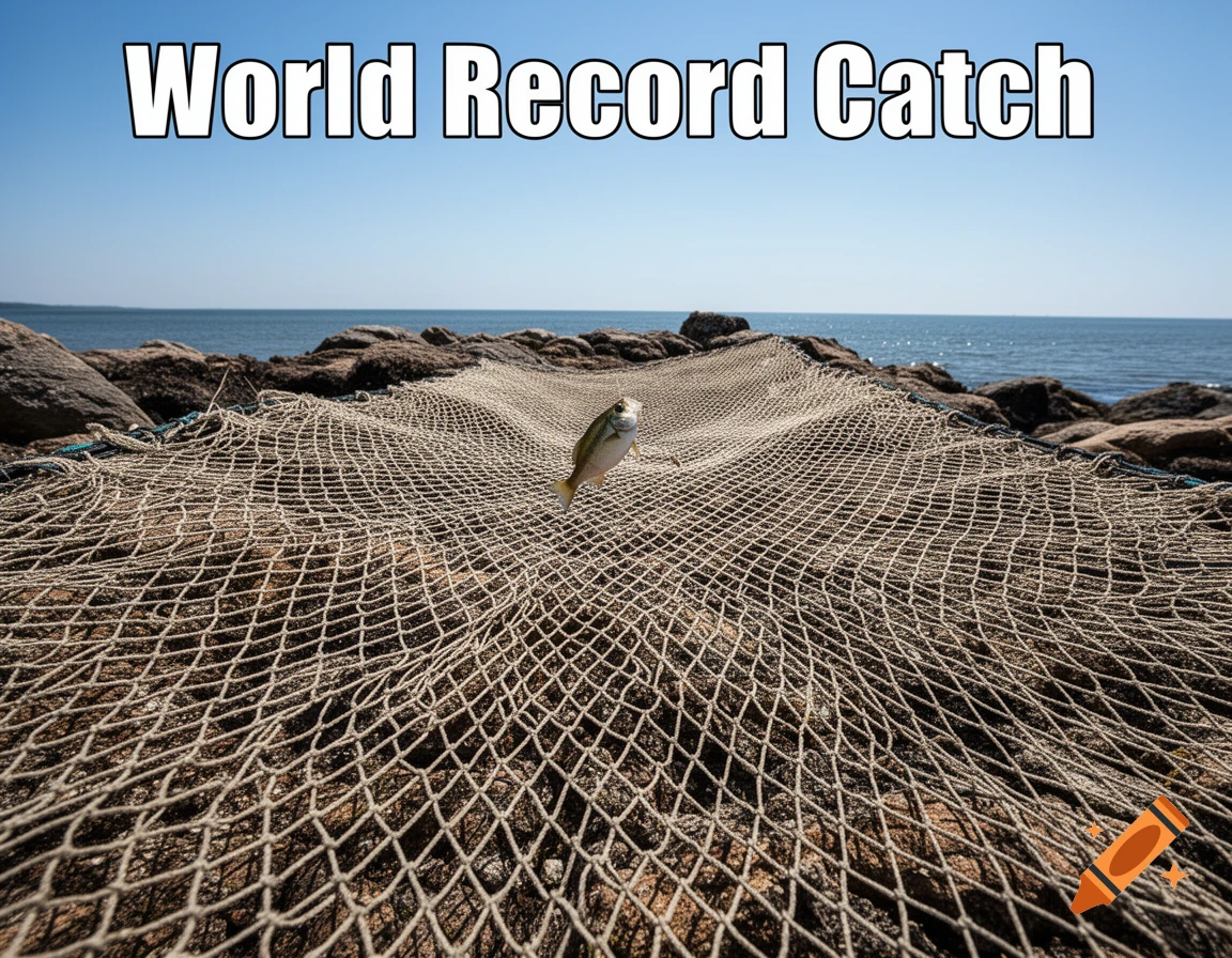 A small fish in a large fishing net on a rocky beach by the ocean, with the text 'World Record Catch' above.