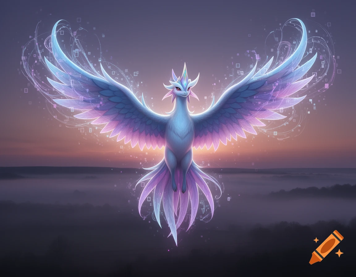 A majestic, glowing phoenix-like creature with blue and purple wings, surrounded by digital aura, flying over a misty landscape at sunset.