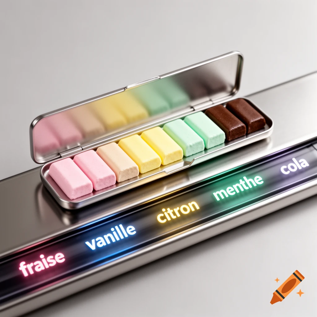 Photorealistic close-up of a silver tin of colorful candies, with glowing French flavor names on a bar below.