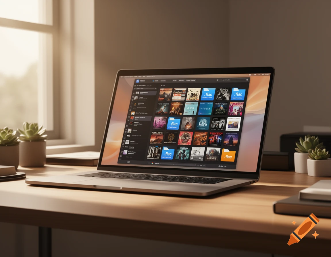 Photorealistic image of a laptop displaying a music library with .flac files on a wooden desk with plants near a window.