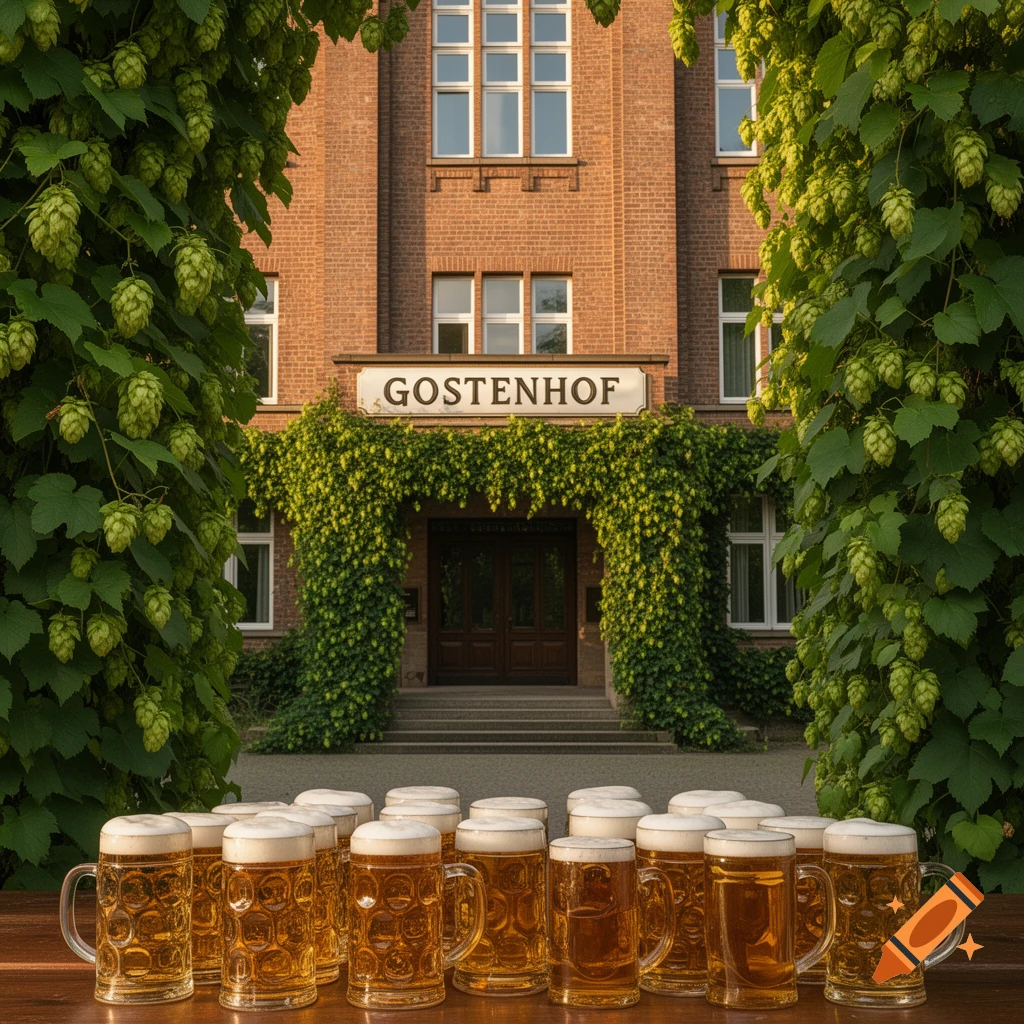 Photorealistic image of a red brick building with a 'GOSTENHOF' sign, framed by hop vines, and many beer mugs on a table.