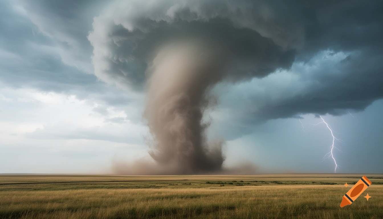 A powerful, photorealistic tornado swirls with dust over a vast golden-green field under dark, stormy skies with a bolt of lightning.