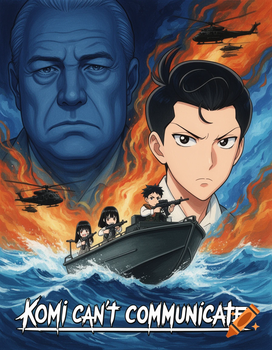 Anime and war film mashup poster featuring a large blue man, a large anime man, helicopters, and a boat with small armed anime characters on a fiery, wavy sea, with text "Komi Can't Communicate".