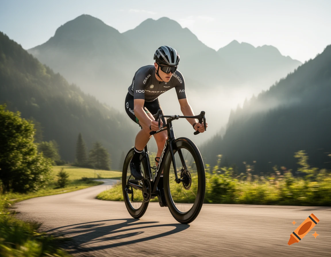 Male cyclist in a jersey and helmet rides a black road bike on a winding mountain road at sunrise.