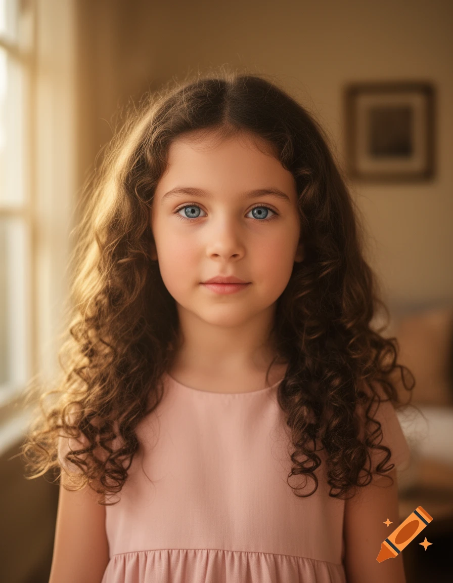Photorealistic close-up portrait of a young girl with blue eyes and long curly brown hair, wearing a pink dress.