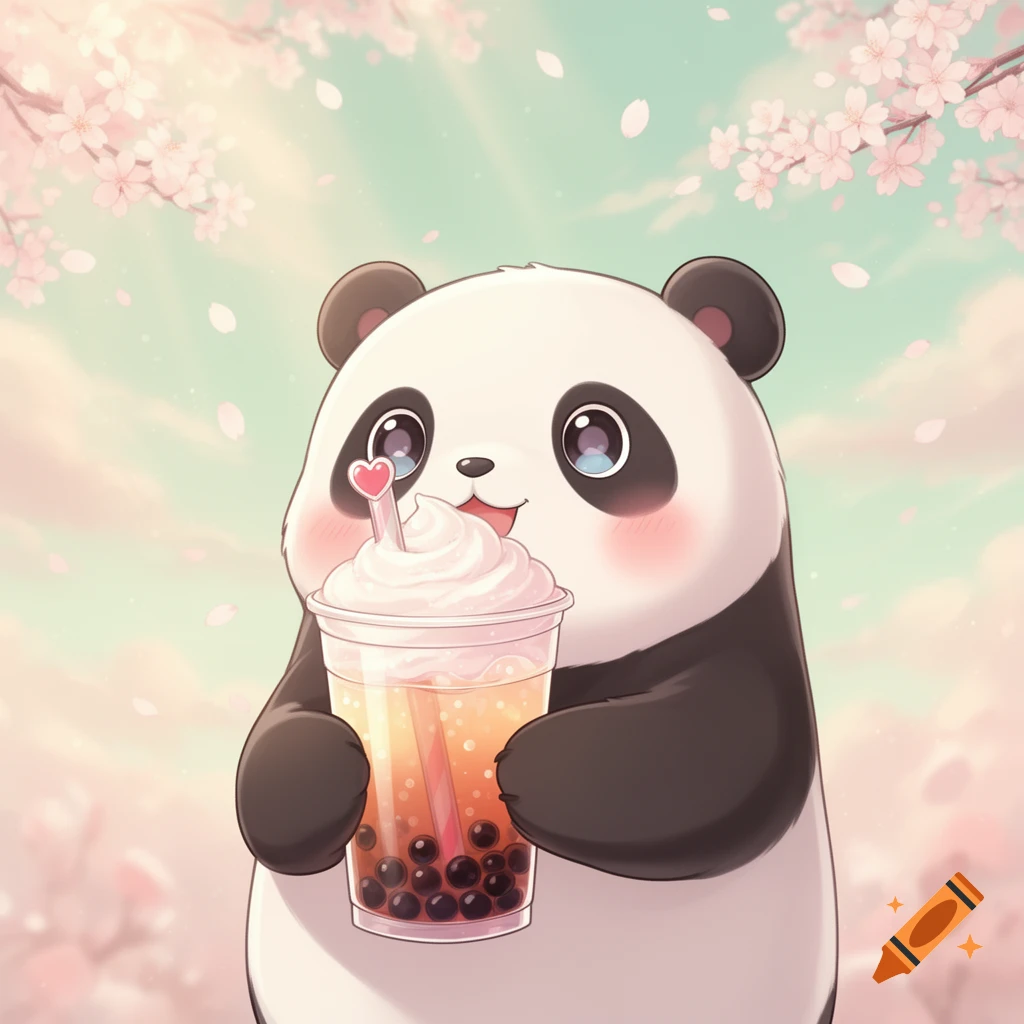 A cute kawaii panda holding a boba tea drink with whipped cream, under pink cherry blossoms and falling petals.