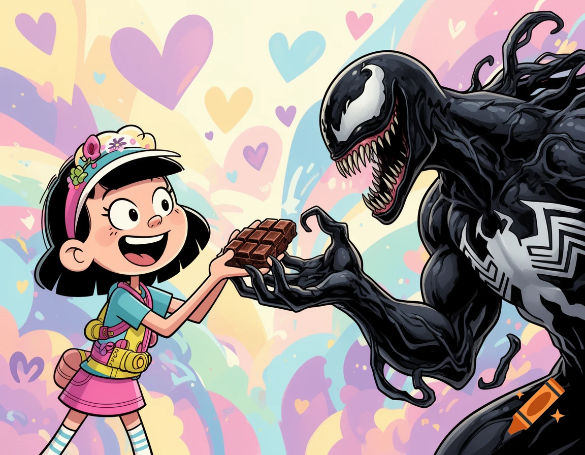 Cartoon Stella Zhau gives Venom a chocolate bar against a colorful background with hearts.