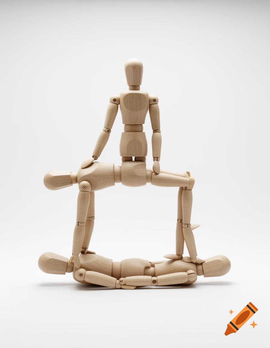 Three wooden artist mannequins stacked vertically: one lying, one bridging, one sitting, on a white background.
