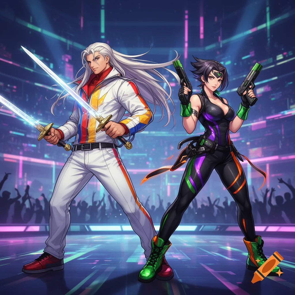 Anime-style artwork of a white-haired man with two swords and a dark-haired woman with two guns, posing against a neon futuristic background.