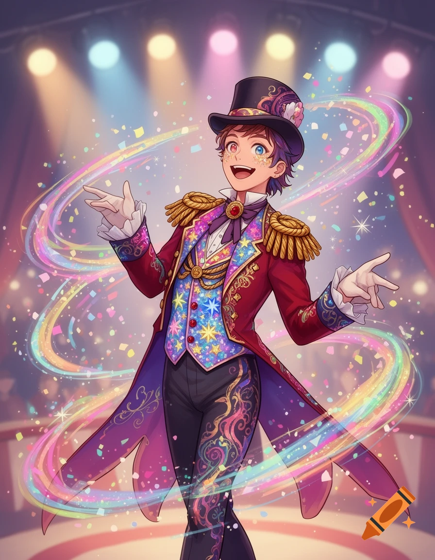 A vibrant anime-style showman in a red and gold ringmaster's coat and top hat, standing on a stage surrounded by rainbow trails and confetti.