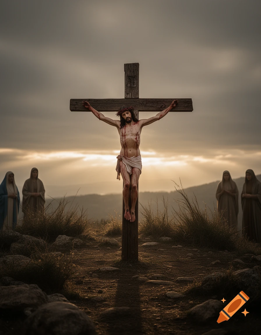 Jesus Christ crucified on a wooden cross on a rocky hill at sunset, with robed figures in the background, photorealistic style.