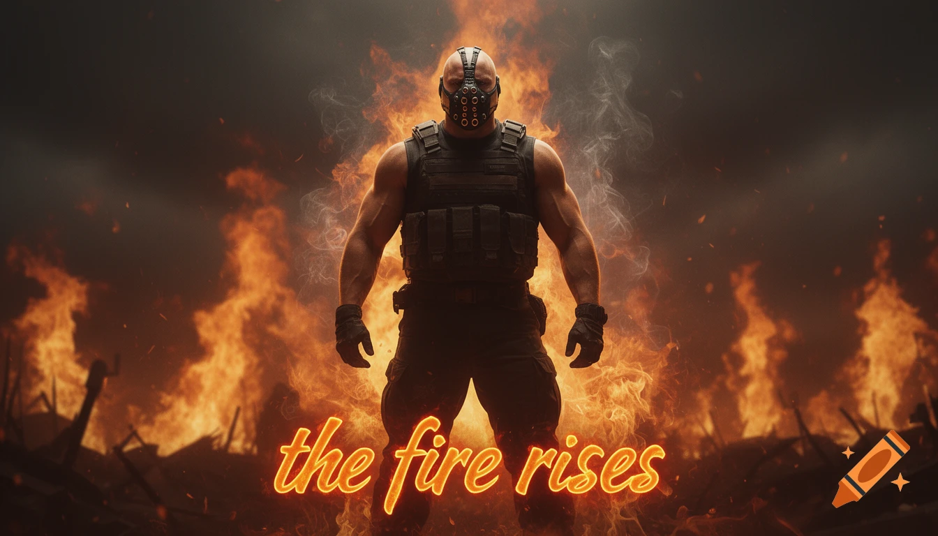 A powerful, muscular figure resembling Bane stands against a fiery ...