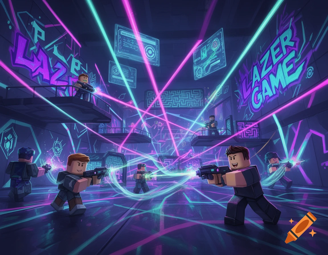Roblox characters play laser tag in a neon-lit futuristic arena with glowing beams.