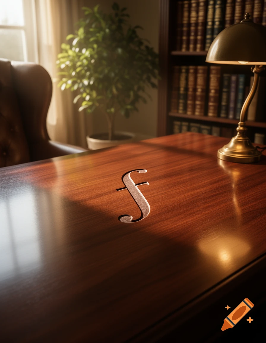 A polished wooden desk with a carved 'f' in a warmly lit office, with a brass lamp, plant, and bookshelf in the background.