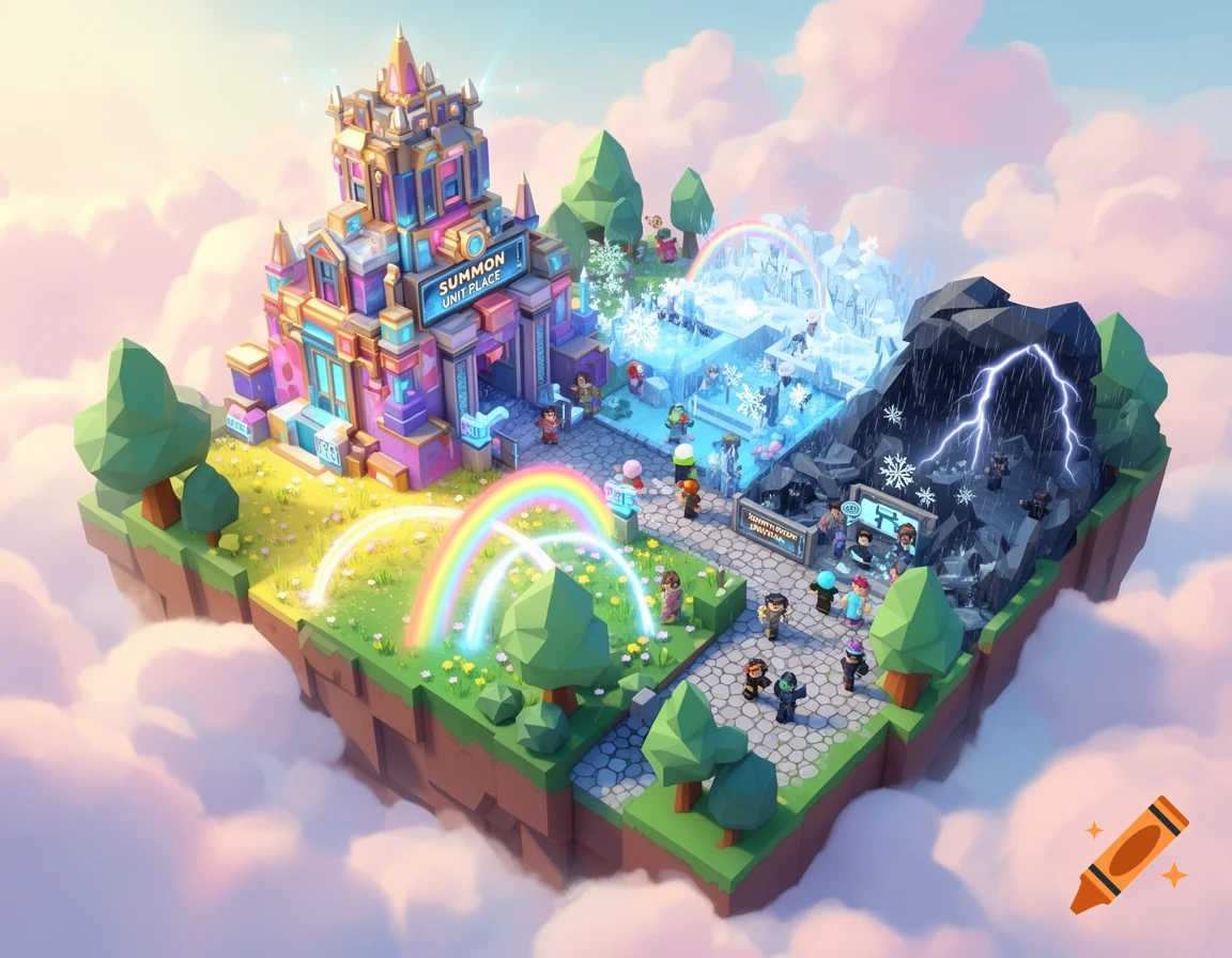 Isometric fantasy island floating in clouds, featuring a colorful 'Summon Unit Place', blocky people, an icy snow area, and a stormy lightning area.
