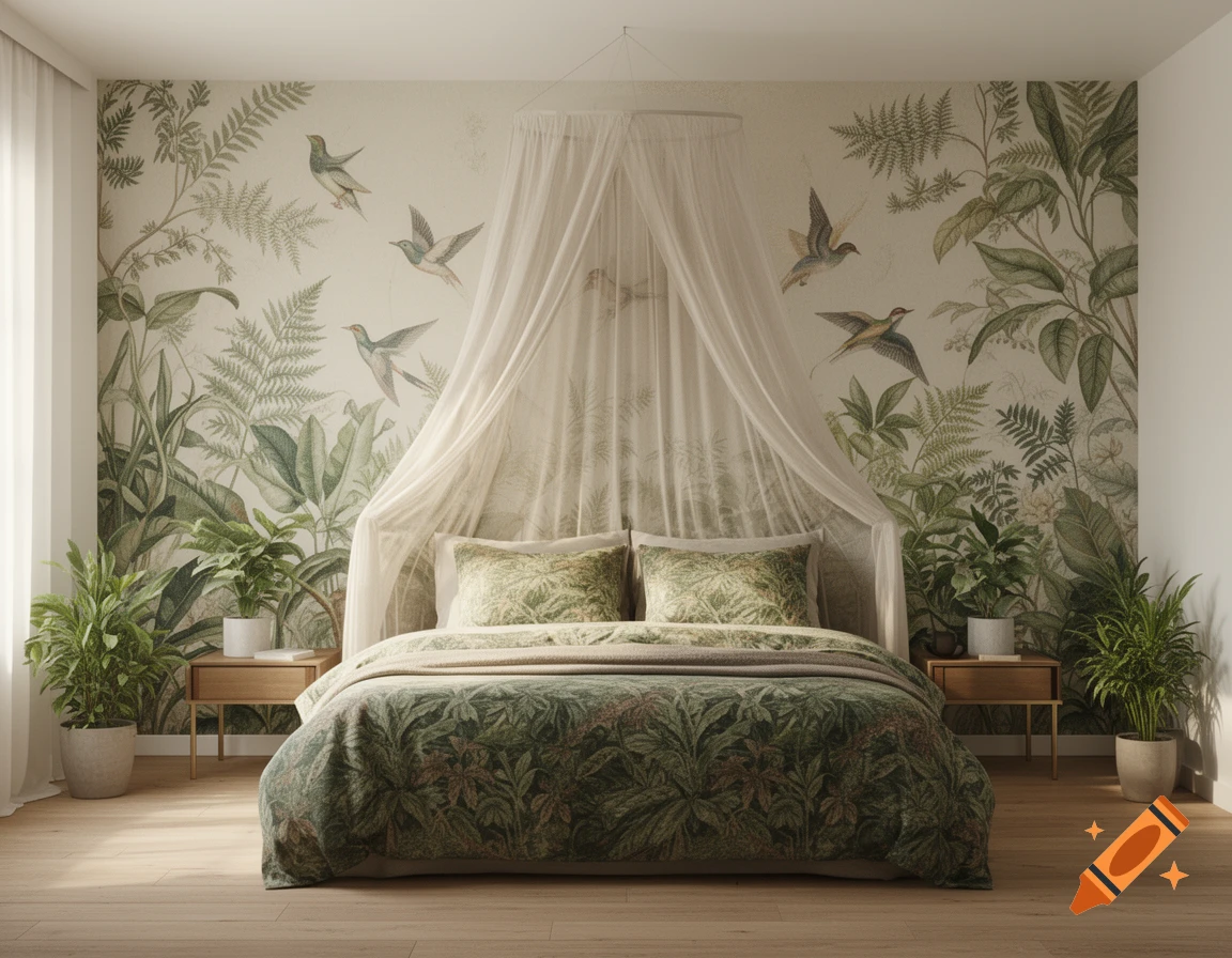 A photorealistic bedroom with a canopy bed, botanical wallpaper featuring birds and plants, and potted plants on the wooden floor.