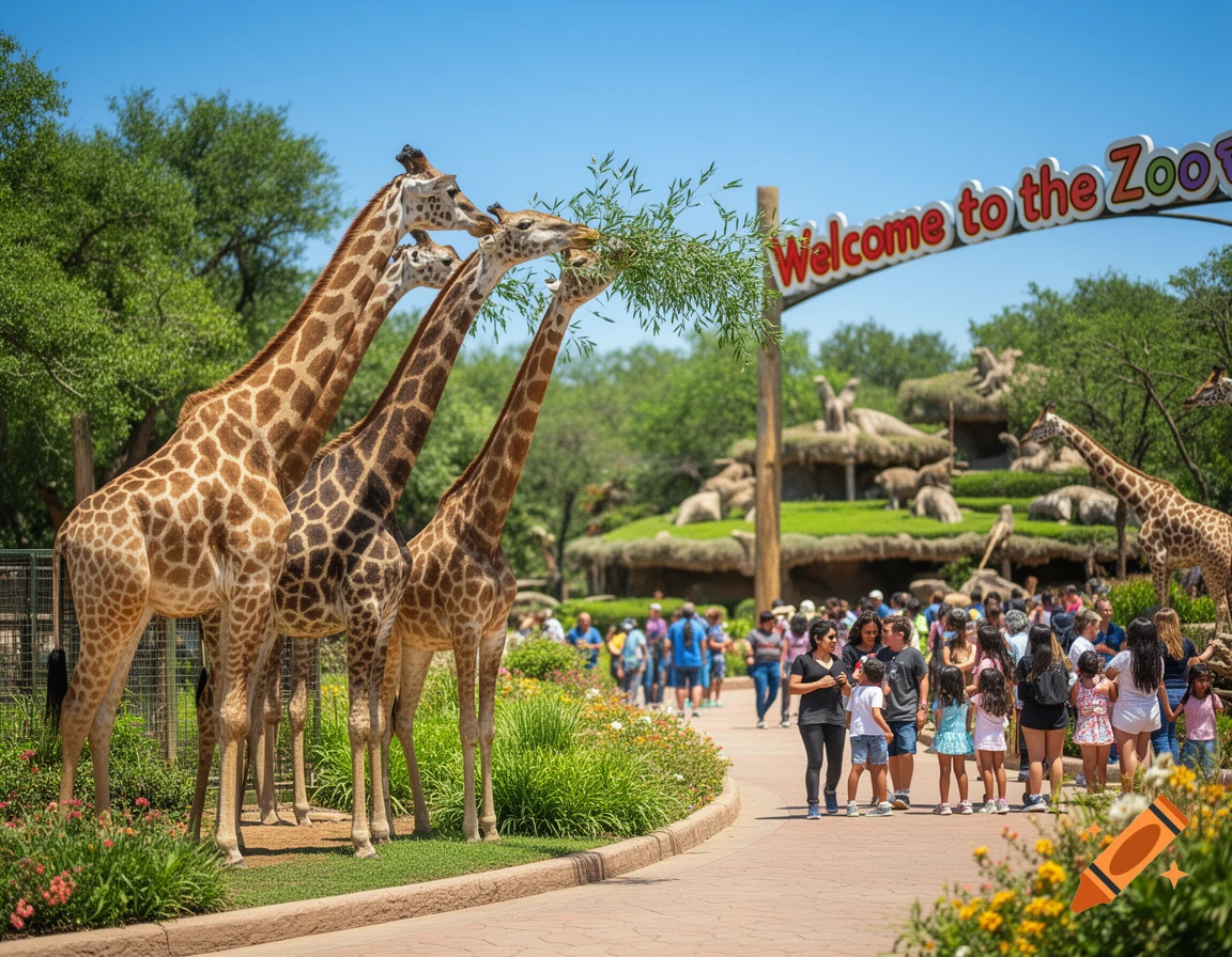 Photorealistic image of giraffes eating leaves at a zoo entrance, with visitors and a 'Welcome to the Zoo' sign under a clear sky.