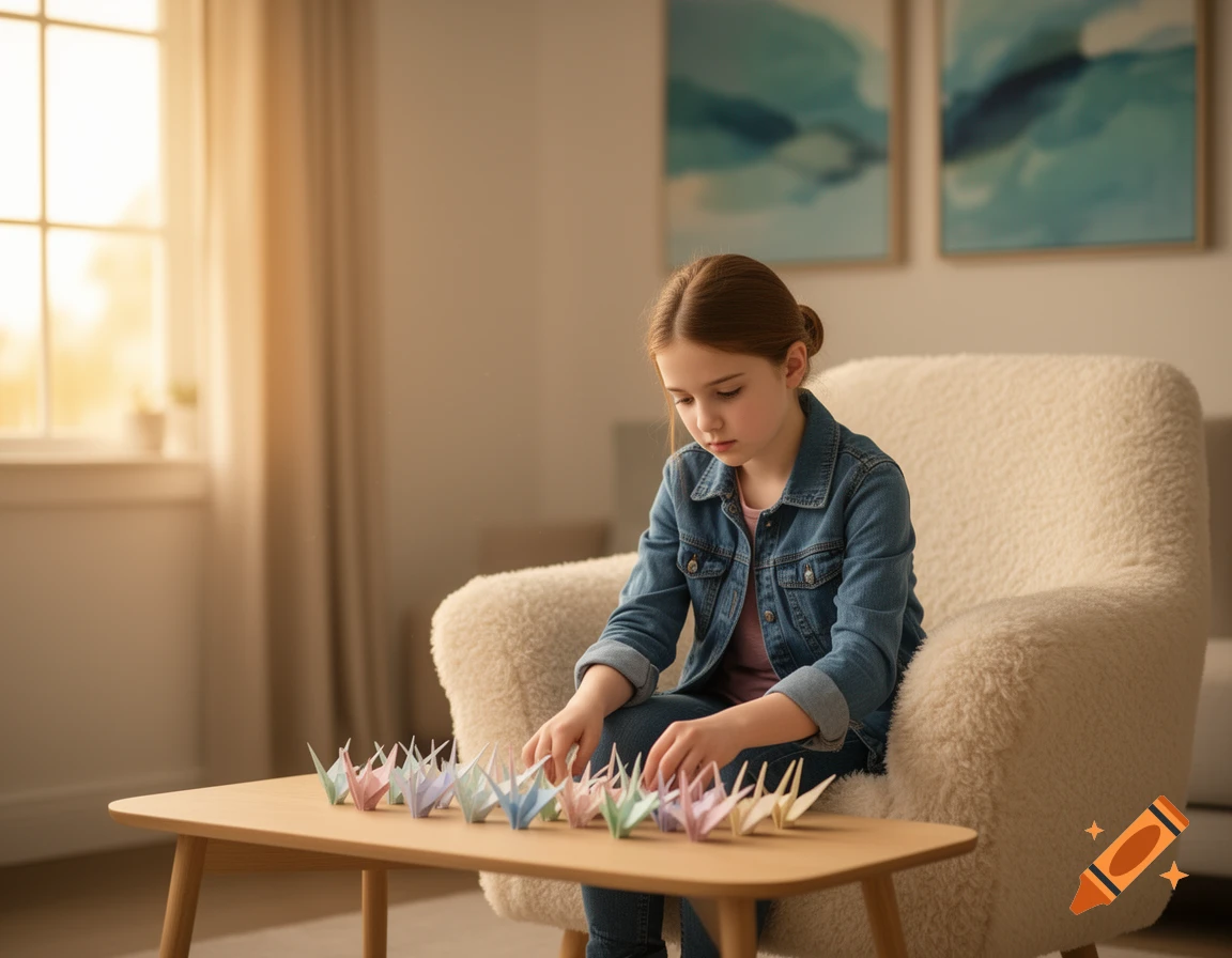 A young girl in a denim jacket plays with colorful origami cranes on a wooden table in a sunlit room.