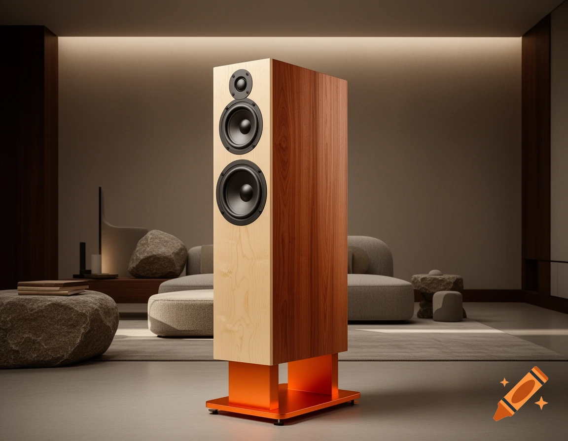 Photorealistic loudspeaker with cherry wood sides and birch wood front on an orange stand, in a minimalist living room.