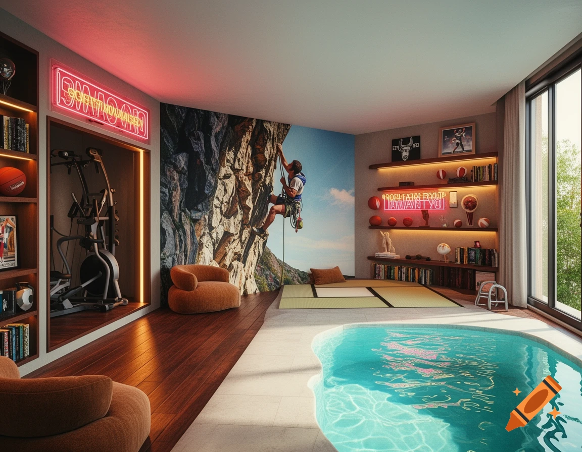 A luxurious modern interior featuring an indoor pool, a climbing wall, and a separate gym area, with shelves filled with books and sports memorabilia.