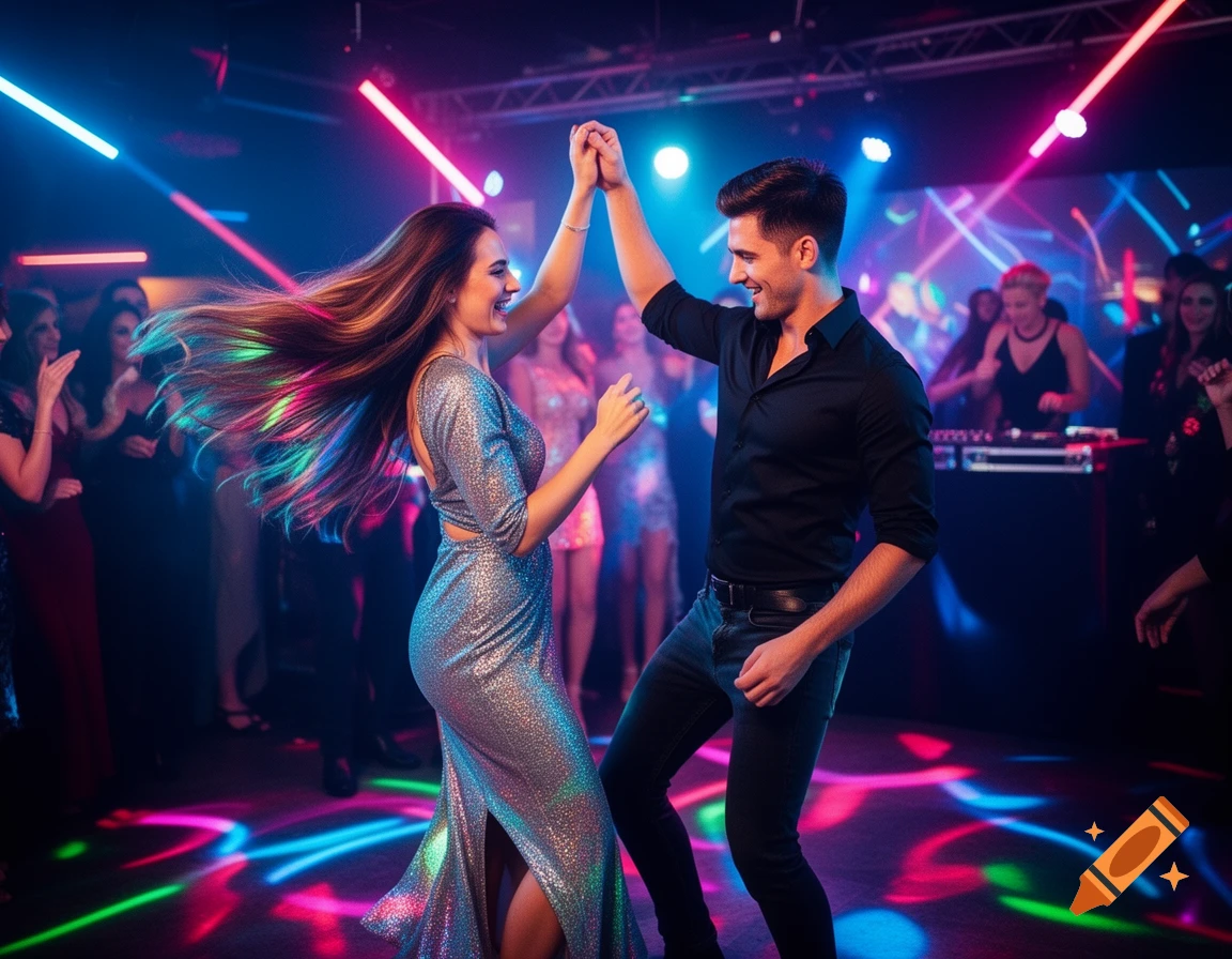 A man and woman dance happily in a vibrant, neon-lit nightclub with other people in the background, photorealistic.