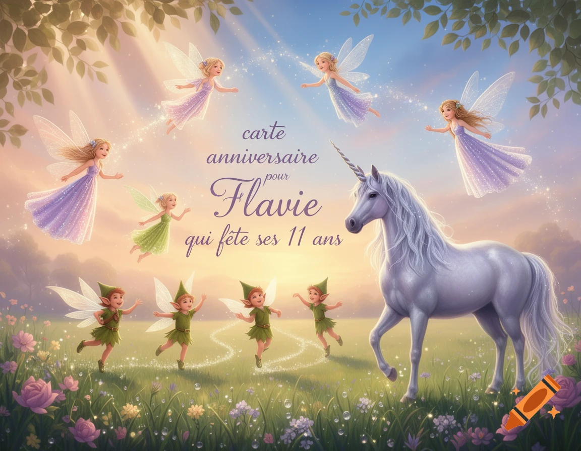 Whimsical illustration of flying fairies, dancing pixies, and a white unicorn in a magical flower meadow. Text: 'carte anniversaire pour Flavie qui fete ses 11 ans'.
