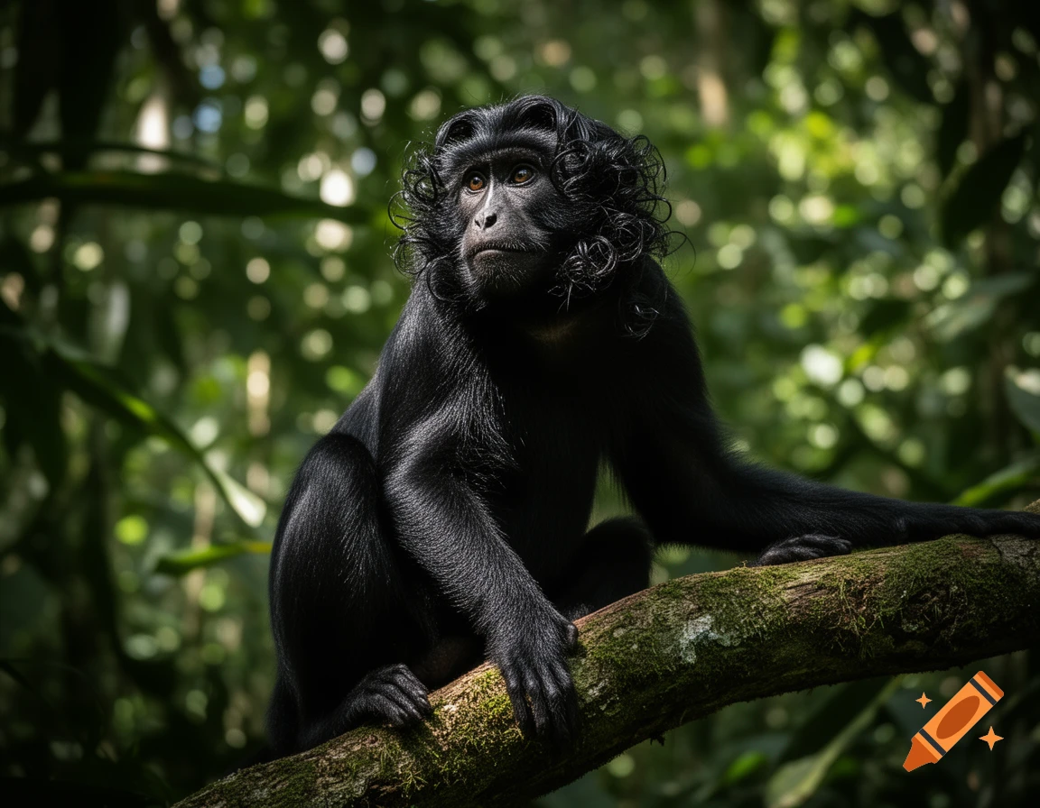 A black monkey with curly fur sits on a mossy tree branch, looking up in a lush, sun-dappled jungle. Photorealistic style.