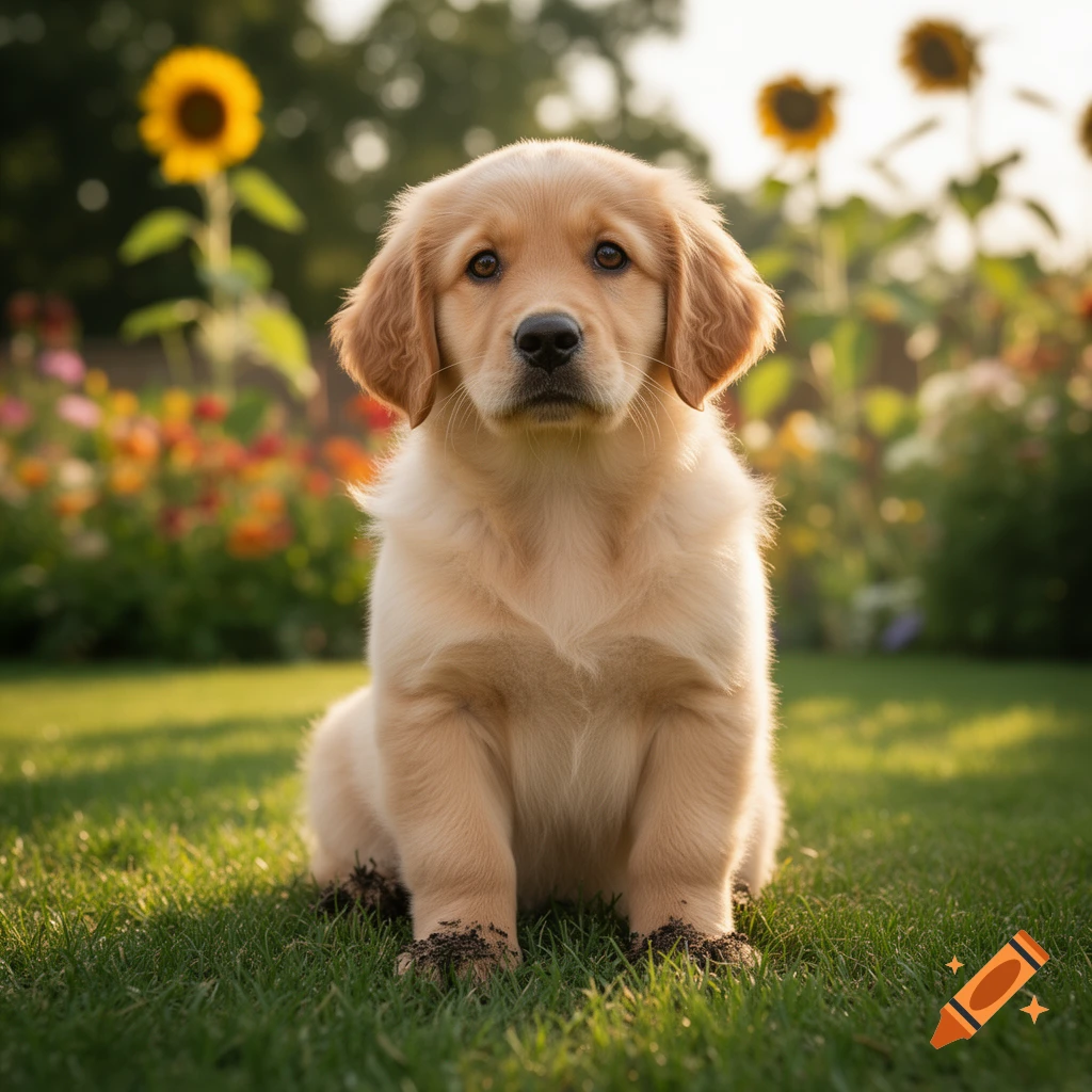 A golden retriever puppy sits in a sunny garden with sunflowers and colorful flowers in the background, its paws slightly muddy.