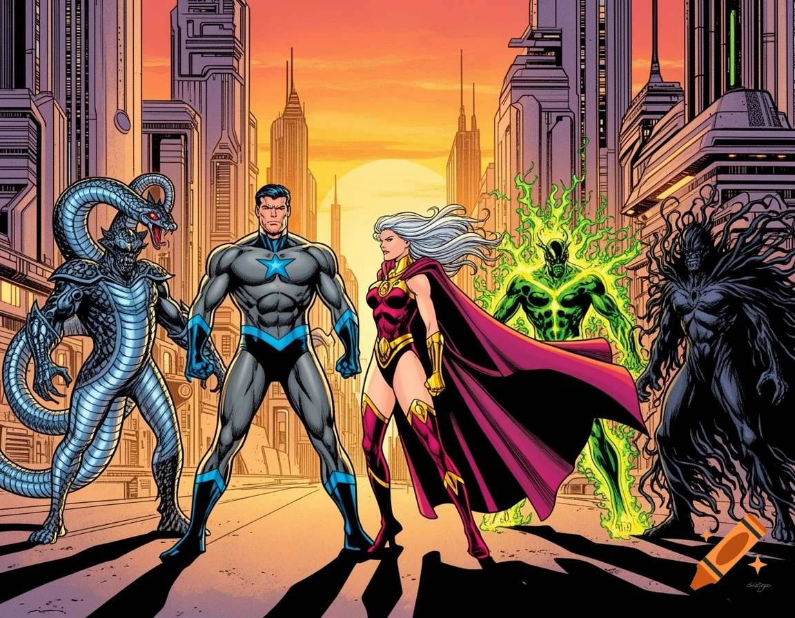 Five comic book characters, two superheroes and three villains, confront each other in a futuristic city at sunset.