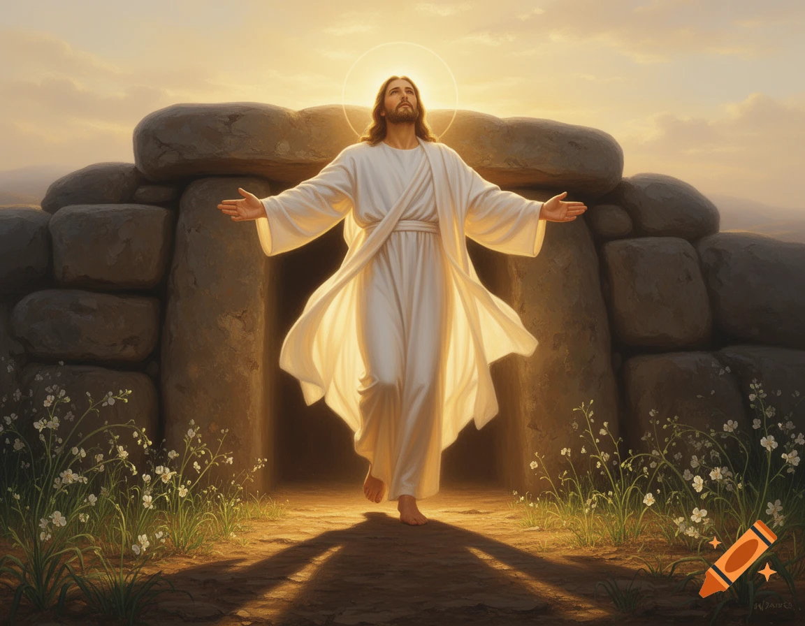 Jesus, with arms outstretched and a halo, emerges from a stone tomb into golden sunlight, with flowers in the foreground.