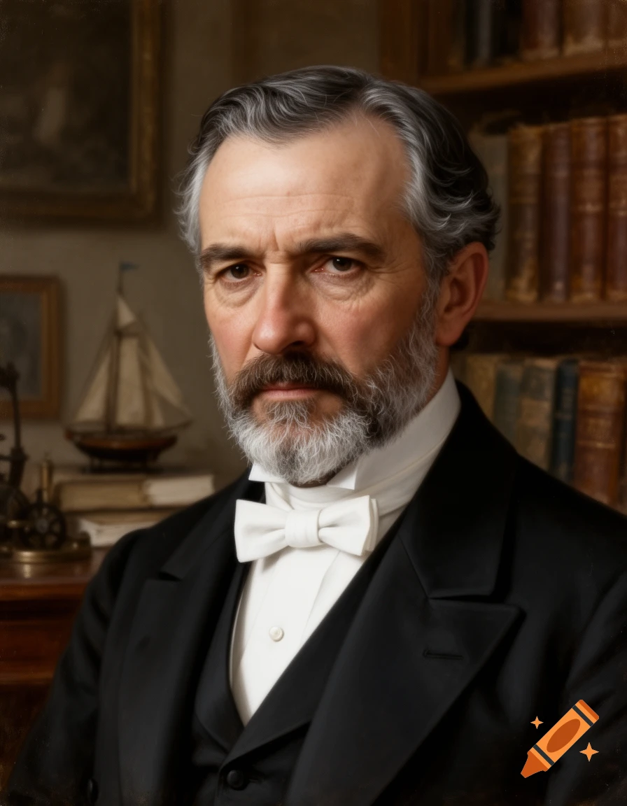 A realistic portrait of a distinguished man with grey hair and a beard, wearing a formal suit and white bow tie, against a background of bookshelves and a model sailboat.