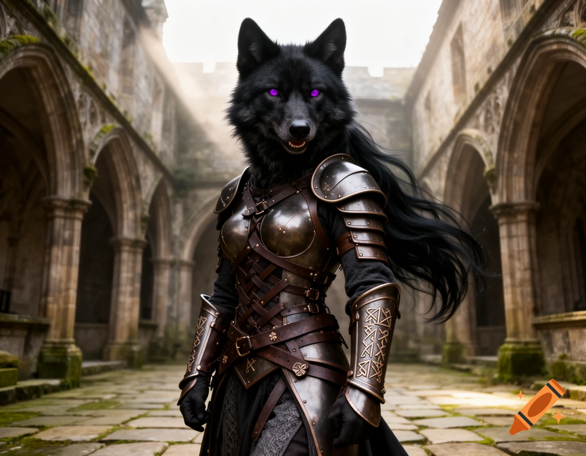 A photorealistic black wolf warrior with glowing purple eyes and long black hair, wearing intricate medieval armor in a stone castle courtyard.