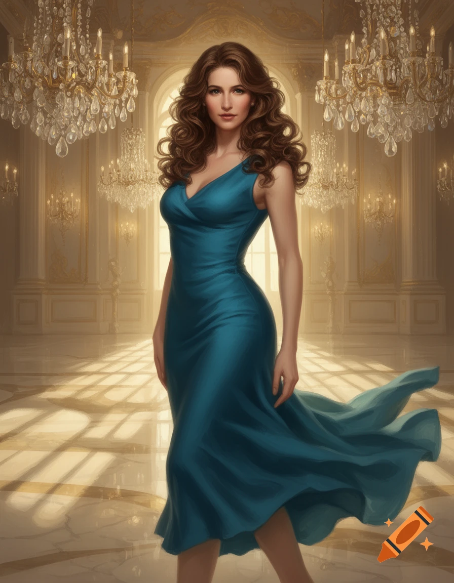 A confident brunette woman in a teal cocktail dress stands in a grand, chandelier-filled hall with warm light.