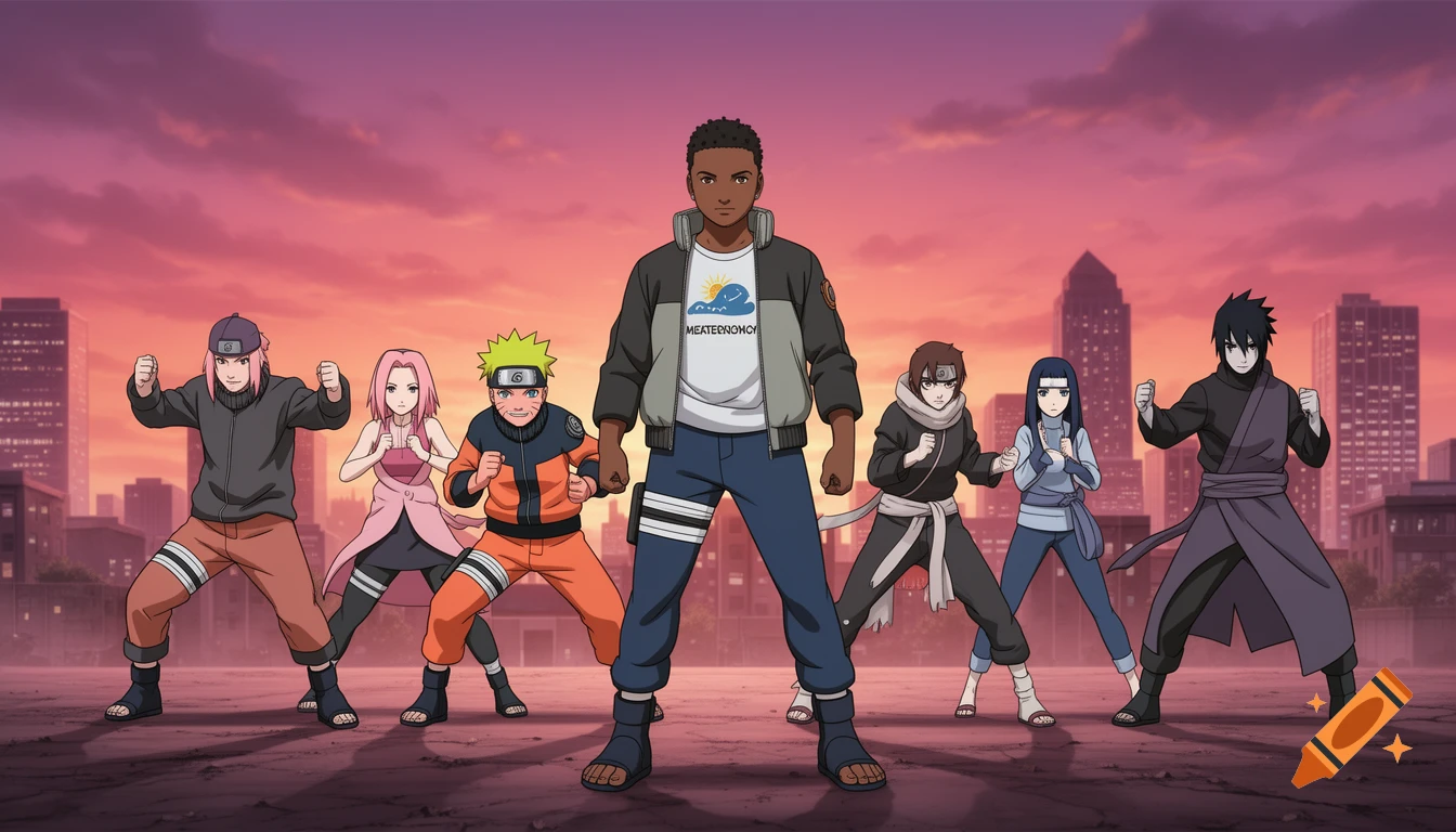 An anime group portrait of seven characters in fighting stances against a sunset city skyline, featuring Naruto, Sakura, and Sasuke.