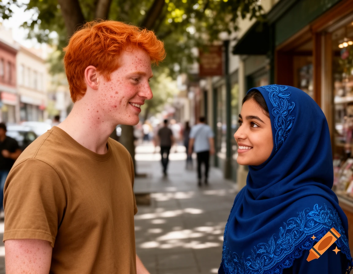A smiling red-haired man with freckles looks at a smiling Muslim woman in a blue hijab, both standing in an outdoor urban setting.