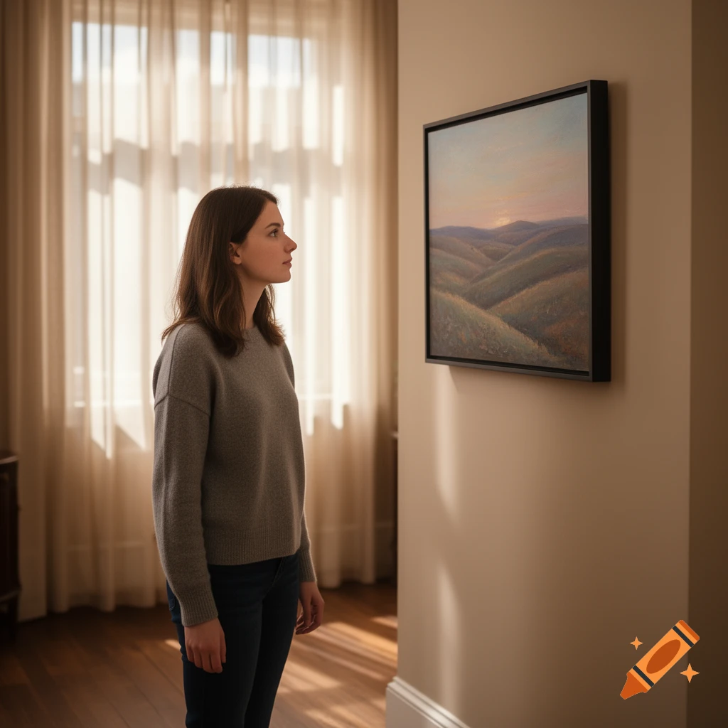 A young woman in a gray sweater stands looking at a framed landscape painting on a wall in a sunlit room.