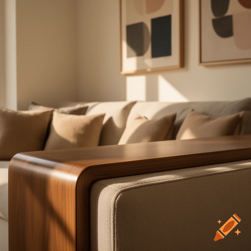 Close-up of a modern beige couch with a curved wooden armrest, sunlit in a contemporary living room.