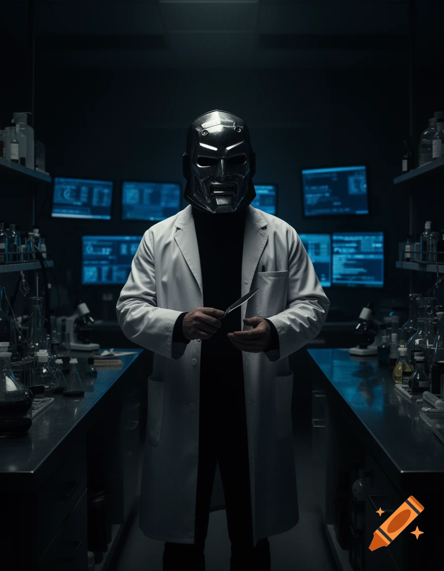 A masked figure in a lab coat holding a scalpel in a dark, futuristic laboratory with glowing computer screens.