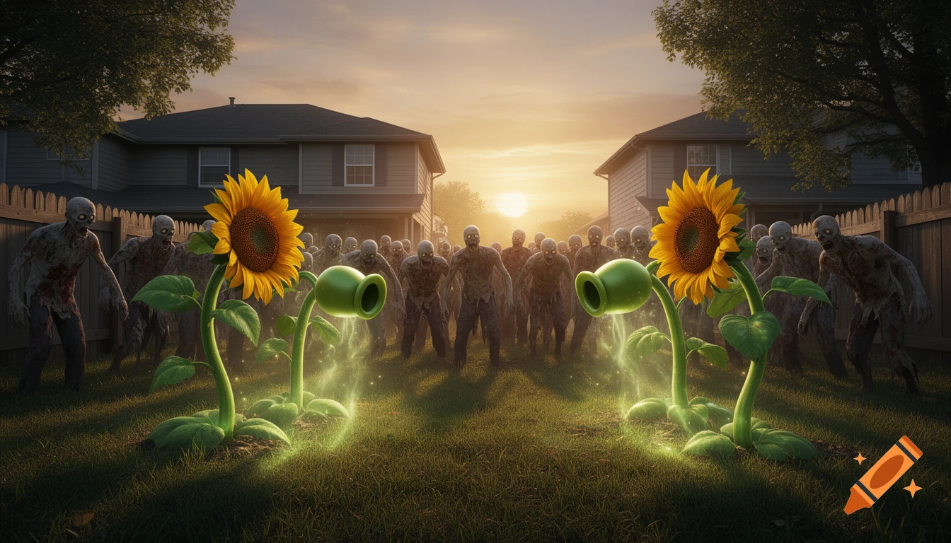 A photorealistic scene showing a horde of zombies advancing through a suburban front yard at sunset, met by two glowing peashooters and sunflowers.